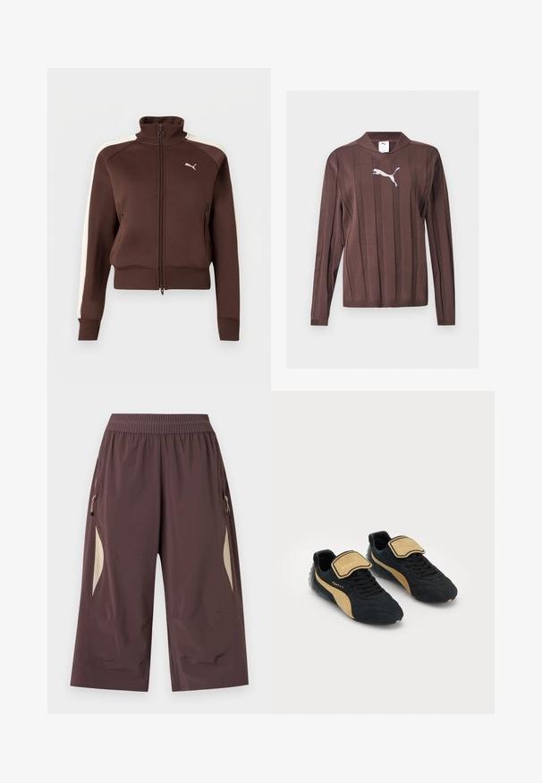 Veste marron zippée avec col montant, bandes latérales crème, poignets et ourlet côtelés, dotée de poches zippées et d'un petit logo sur la poitrine.; Pull marron à manches longues avec des rayures verticales texturées et un logo Puma blanc centré sur la poitrine sur un fond uni.; Pantalon marron à jambes larges raccourci avec taille élastique et empiècements latéraux beiges, avec poches zippées de chaque côté.; Baskets noires et beiges dotées d'un dessus texturé, d'un bout arrondi, d'un laçage à l'avant et d'une sangle Velcro avec le logo "FENTY".