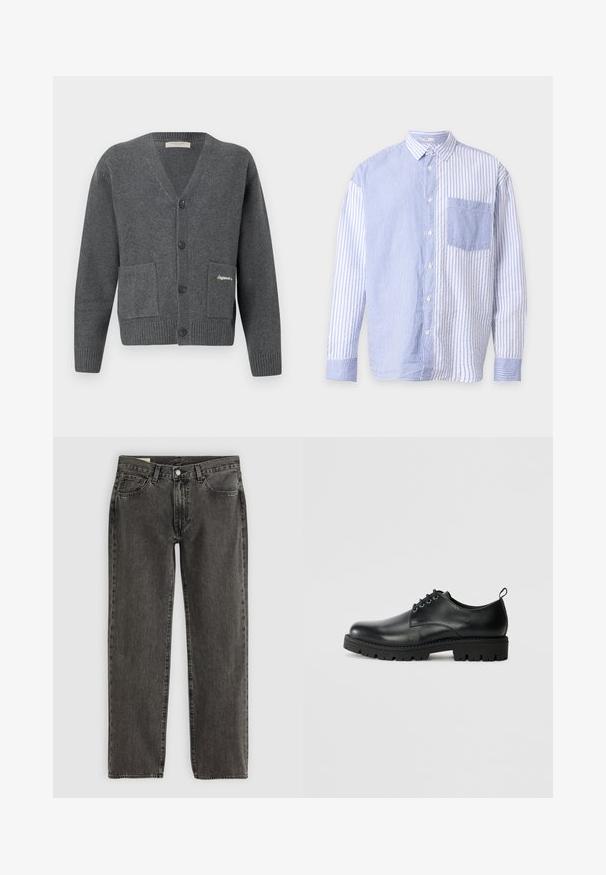 Cardigan gris en tissu tricoté, avec un col en V, six boutons, deux poches avant et des poignets et un ourlet côtelés.; Chemise bleu et blanc à manches longues boutonnée avec rayures verticales, directions des rayures contrastées de chaque côté et une poche poitrine devant.; Jean droit noir délavé avec cinq poches, fermeture à bouton et passants de ceinture, posé à plat sur un fond blanc.; Chaussure en cuir noir à bout arrondi, présentant un design à lacets, une semelle en caoutchouc noire robuste et un petit onglet de talon à l'arrière.