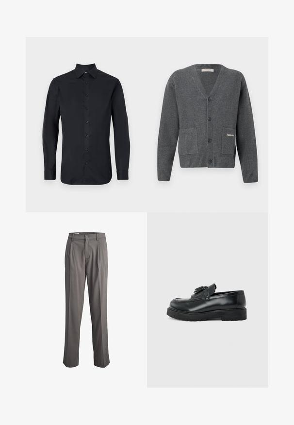 Grauer Cardigan aus Strickstoff, mit V-Ausschnitt, sechs Knöpfen, zwei Fronttaschen und gerippten Bündchen sowie Saum.; Schwarzes Langarmhemd aus glattem Stoff mit klassischem Kragen, einem frontalen Knopfverschluss und geknöpften Manschetten.; Grau maßgeschneiderte Hose mit Falten, vor einem weißen Hintergrund präsentiert. Verfügt über einen Knopfverschluss und gerade geschnittene Beine.; Schwarzer Leder-Slipper mit Quasten, dicke Gummisohle und niedrigem Absatz, im Seitenprofil vor einem einfarbigen Hintergrund gezeigt.