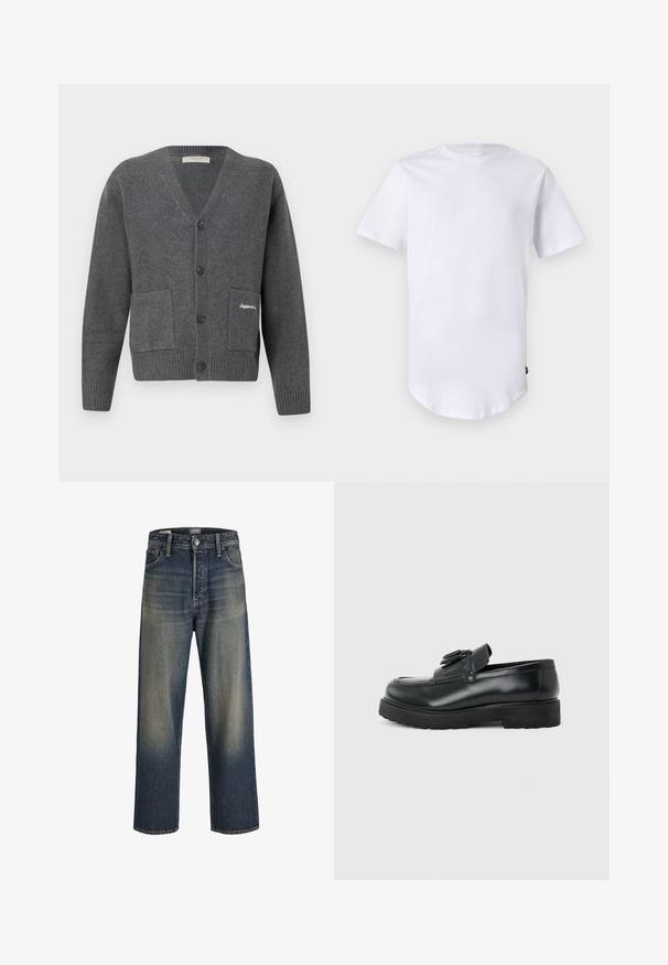 Grå cardigan lavet af strikket stof, med V-hals, seks knapper, to forlommer og ribstrik på ærmekanterne og kanten.; Hvid kortærmet t-shirt lavet af bomuld. Rund halsudskæring med en buet kant. Etiket synlig på nederste venstre side. Glat tekstur.; Bredde ben jeans i mørkeblå denim med en gradient finish, der har en knaplukning, fem lomme-design og strukturerede syninger.; Sort læderloafer med kvaster, tyk gummisål og lav hæl, vist i sideprofil på en ensfarvet baggrund.