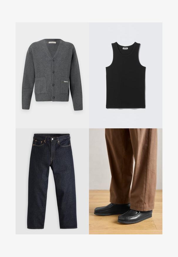 Cárdigan gris hecho de tejido de punto, con escote en V, seis botones, dos bolsillos frontales y puños y dobladillo acanalados.; Camiseta negra sin mangas con costillas, escote redondo y etiqueta de la marca Weekday en el interior del cuello trasero.; Jeans de denim azul oscuro con corte recto, cinco bolsillos, costuras en naranja contrastante y cierre de botón. Sin patrones ni adornos visibles.; Zapatos de cuero negros con diseño de mocasín y detalles de costura, combinados con pantalones marrones, sobre un suelo de madera.