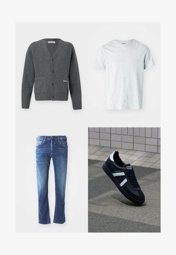 Grå cardigan lavet af strikket stof, med V-hals, seks knapper, to forlommer og ribstrik på ærmekanterne og kanten.; Lys grå, kortærmet t-shirt lavet af blødt stof, med en rund hals og en let afslappet pasform. Ingen synlige mønstre eller grafik.; Mørkeblå denim jeans med lige ben-design, der har fem lommer, en brun knaplukning og diskret lys udtoning ved lårene.; Sort lædersneaker med hvide striber, tekstureret gummisål og snørrebånd foran. Har et brandet mærke på tungen.