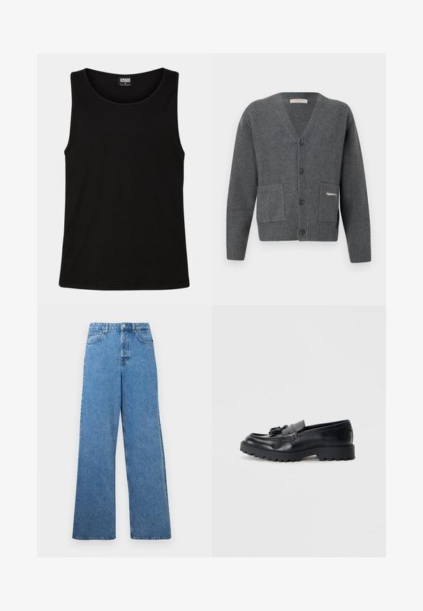Grauer Cardigan aus Strickstoff, mit V-Ausschnitt, sechs Knöpfen, zwei Fronttaschen und gerippten Bündchen sowie Saum.; Schwarzes Tanktop aus weichem Baumwollstoff. Hat einen runden Halsausschnitt und breite Armausschnitte, ohne sichtbare Muster oder Akzente.; Blaue, hoch taillierte, weite Jeanshosen aus Denim mit vorderer Knopfleiste, Reißverschluss, Gürtelschlaufen sowie vorne und hinten Taschen.; Schwarze Lederloafers mit glanzendem Finish, klobiger Gummisohle und dekorativem Quastendetail auf der Vorderseite.