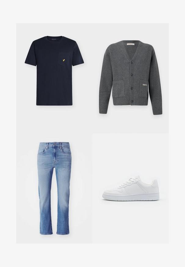 Cardigan gris en tissu tricoté, avec un col en V, six boutons, deux poches avant et des poignets et un ourlet côtelés.; T-shirt en coton bleu marine avec un col rond, des manches courtes et une poche poitrine ornée d'un petit logo d'oiseau jaune.; Jean denim bleu à jambes droites avec fermeture à boutons et à glissière à l'avant, poches avant et arrière, et détails délavés.; Baskets blanches en matière synthétique lisse, avec des lacets plats, une pointe perforée et une semelle en caoutchouc dotée d'un motif de grip texturé.