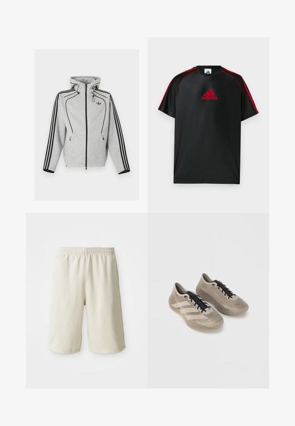Svetlosivá mikina na zips s čiernymi pásmi na rukávoch, nastaviteľnou kapucňou so sťahovacími šnúrkami, bočnými vreckami na zips a logom Adidas na hrudi.; Čierne atletické tričko s červenými akcentmi a logom. Vyrobené z hladkej, ľahkej látky. Má okrúhly výstrih a krátke rukávy.; Svetlo béžové športové šortky s elastickým pásom, hladkou textúrou a jemným logom na dolnej ľavej strane. Bez vreciek.; Pár béžových športových topánok s čiernymi šnúrkami, s textúrovaným pruhovaným vzorom a tromi bočnými pruhmi na jednoliatom pozadí.