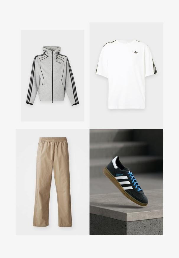 Svetlosivá mikina na zips s čiernymi pásmi na rukávoch, nastaviteľnou kapucňou so sťahovacími šnúrkami, bočnými vreckami na zips a logom Adidas na hrudi.; Biela bavlnená tričko s krátkymi rukávmi, s čiernymi trojpruhmi na pleciach a malým čiernym logom na hrudi.; Béžové ľahké nohavice s elastickým pásom, rovnými nohavicami a bočnými vreckami. Hladká textúra s jemnými švami.; Čierna teniska Adidas s bielymi pruhmi, modrými šnúrkami a gumovou podrážkou, ktorá sa vznáša nad sivým betónovým schodom v mäkkom svetle.