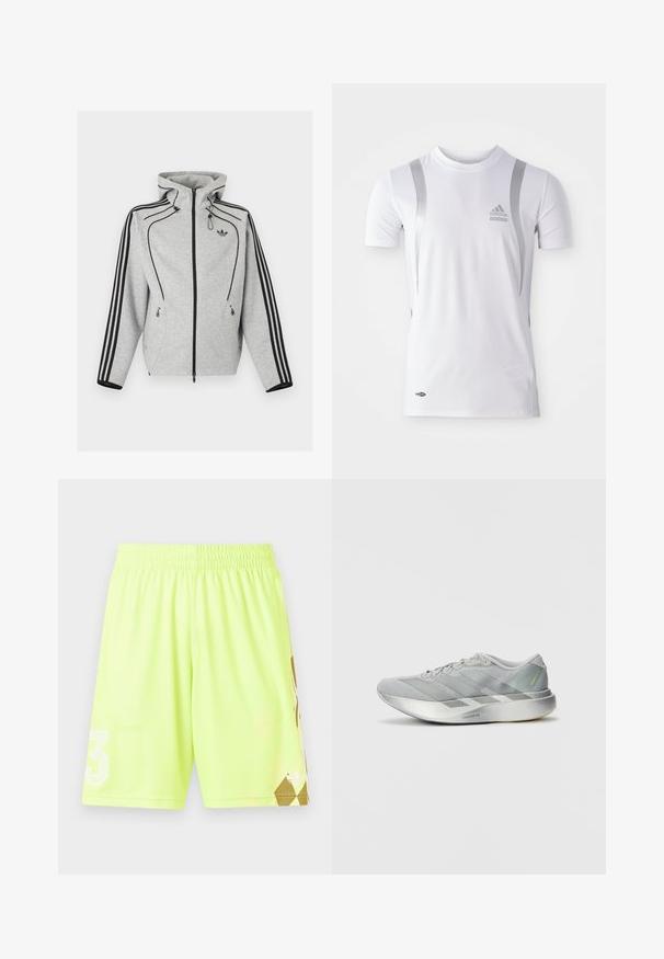 Lysegrå hættetrøje med lynlås med sorte striber på ærmerne, justerbar hætte med snore, lynlåslommer på siden og Adidas-logo på brystet.; Hvid kortærmet træningsskjorte med sølvdetaljer, med rund hals og et Adidas-logo på brystet. Lavet af fugttransporterende materiale.; Neon gule atletiske shorts med elastisk talje, med en hvid "3" logo og guld geometrisk mønster på nedre højre side.; Letvægts grå atletiksko med et slankt design, der har en tekstureret overflade, tre diagonale striber og en reflekterende sølvsål.