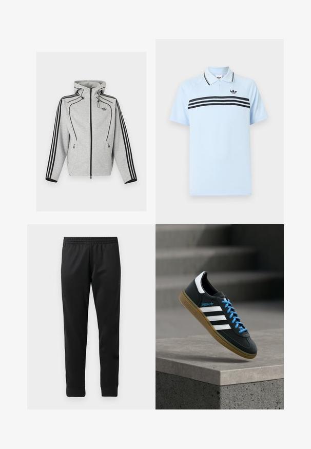 Svetlosivá mikina na zips s čiernymi pásmi na rukávoch, nastaviteľnou kapucňou so sťahovacími šnúrkami, bočnými vreckami na zips a logom Adidas na hrudi.; Svetlomodrá polokošeľa z textúrovanej látky s čiernymi akcentovými pruhmi a čiernym logom na hrudi. Má golierový výstrih.; Čierne športové nohavice vyrobené z hladkej tkaniny, vybavené elastickým pásom, zúženými nohavicami a rebrovanými manžetami na členkoch.; Čierna teniska Adidas s bielymi pruhmi, modrými šnúrkami a gumovou podrážkou, ktorá sa vznáša nad sivým betónovým schodom v mäkkom svetle.