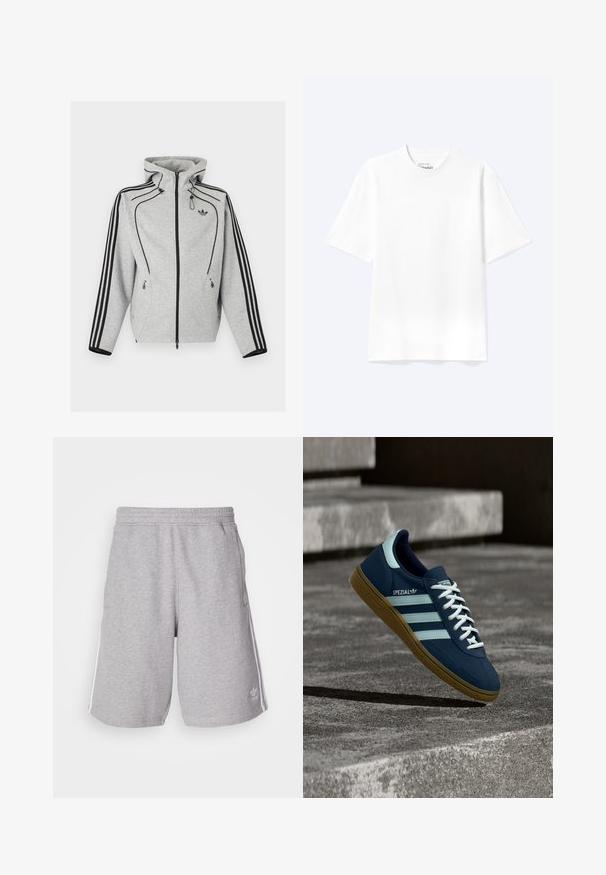 Lichtgrijze hoodie met rits, zwarte strepen op de mouwen, verstelbare capuchon met koordjes, ritssluitbare zijzakken en Adidas-logo op de borst.; Effen witte T-shirt met korte mouwen en ronde hals, met een losse pasvorm, weergegeven op een lichte achtergrond.; Grijze sportshorts van katoenmix stof. Voorzien van zijzakken, een elastische tailleband en witte zijstrepen. Klassiek ontwerp.; Blauwe Adidas Spezial sneaker met witte strepen en veters, gumzool, zwevend boven een ruwe betonnen oppervlakte en trappen op de achtergrond.