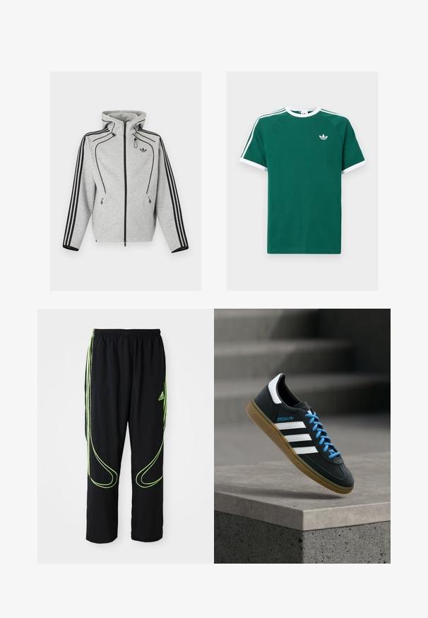 Svetlosivá mikina na zips s čiernymi pásmi na rukávoch, nastaviteľnou kapucňou so sťahovacími šnúrkami, bočnými vreckami na zips a logom Adidas na hrudi.; Zelené bavlnené tričko s bielymi akcentmi, s krátkymi rukávmi, okrúhlym výstrihom a troma bielymi pruhmi na každom pleci. Malé logo na hrudi.; Čierne atletické nohavice Adidas s neonovo zelenými zakrivenými líniami a tromi pruhmi po stranách, elastickým pásom a logom Adidas na prednom stehne.; Čierna teniska Adidas s bielymi pruhmi, modrými šnúrkami a gumovou podrážkou, ktorá sa vznáša nad sivým betónovým schodom v mäkkom svetle.