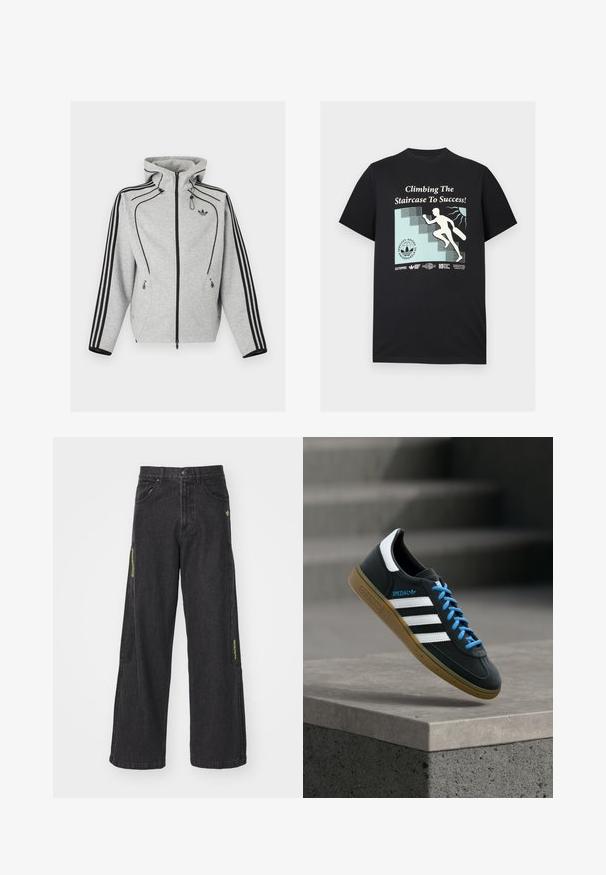 Hellgrauer Kapuzenpullover mit Reißverschluss, schwarzen Streifen an den Ärmeln, verstellbarer Kapuze mit Kordelzug, seitlichen Reißverschlusstaschen und Adidas-Logo auf der Brust.; Schwarzes T-Shirt mit einer Grafik einer Person, die eine Treppe hinaufsteigt und ein Skateboard hält, und dem Text „Climbing The Staircase To Success!“; Schwarze, weite Jeanshose mit Knopfschluss, mehreren Taschen und grünen Akzenten an den Seiten mit sichtbaren Nähdetails.; Schwarzer Adidas-Sneaker mit weißen Streifen, blauen Schnürsenkeln und Gummisohle, der über einer grauen Betontreppe im weichen Licht schwebt.