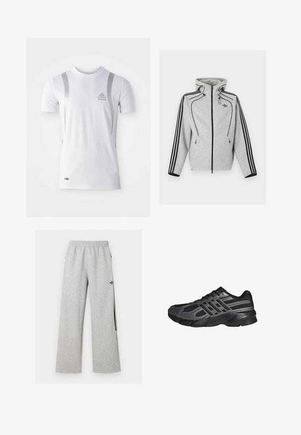 Svetlosivá mikina na zips s čiernymi pásmi na rukávoch, nastaviteľnou kapucňou so sťahovacími šnúrkami, bočnými vreckami na zips a logom Adidas na hrudi.; Biely športový dres s krátkym rukávom so striebornými akcentmi, s okrúhlym výstrihom a logom Adidas na hrudi. Vyrobený z materiálu odvádzajúceho vlhkosť.; Svetlošedé široké tepláky s elastickým pásom a čiernym logom Adidas trefoil na pravom stehne.; Čierne športové topánky vyrobené z pletiva a syntetických materiálov, s textúrovaným povrchom, viacerými šedými pruhmi a polstrovaným golierom.