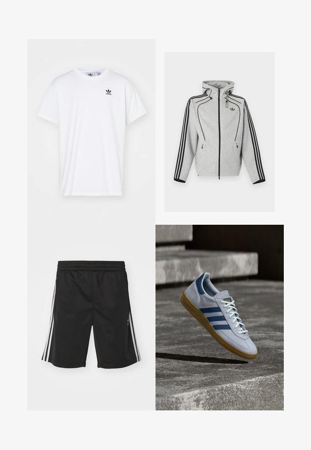 Svetlosivá mikina na zips s čiernymi pásmi na rukávoch, nastaviteľnou kapucňou so sťahovacími šnúrkami, bočnými vreckami na zips a logom Adidas na hrudi.; Biela bavlnená tričko s krátkymi rukávmi, okrúhlym výstrihom a čiernym logom Adidas s tromi pruhmi na ľavej hrudi.; Čierne športové šortky s elastickým pásom, so vzorom bielych pruhov po stranách a hladkou textúrou tkaniny. Bez ďalších ozdôb.; Svetlomodrá teniska Adidas Spezial s námorníckymi modrými pruhmi a gumovou podrážkou, zobrazená vo vzduchu nad betónovými schodmi v neutrálnej vonkajšej scéne.