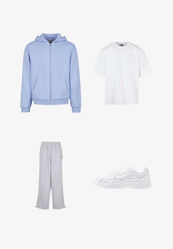 Urban Classics URBAN CLASSICS FLUFFY ZIP HOODY - Sudadera con cremallera - powderblue; Camiseta blanca de manga corta con diseño de cuello redondo, confeccionada en algodón, con un ajuste relajado y detalles mínimos de costura.; Karl Kani Pantalones deportivos - grey; Nike Sportswear P 6000 - Zapatillas - white/platinum tint