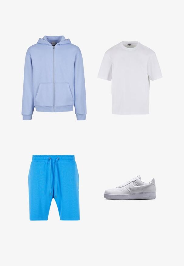 Urban Classics URBAN CLASSICS FLUFFY ZIP HOODY - Sudadera con cremallera - powderblue; Camiseta blanca de manga corta hecha de algodón. Presenta un cuello redondo y un ajuste holgado. Textura suave, diseño minimalista, sin patrones ni adornos.; Pantalones cortos de algodón azul con una cinturilla elástica, cierre de cordón y un sutil detalle gráfico en el lado. Textura suave y corte holgado.; Zapatilla blanca Nike Air Force 1 de caña baja con cierre de cordones y suela texturizada, mostrada en perfil lateral sobre un fondo blanco.