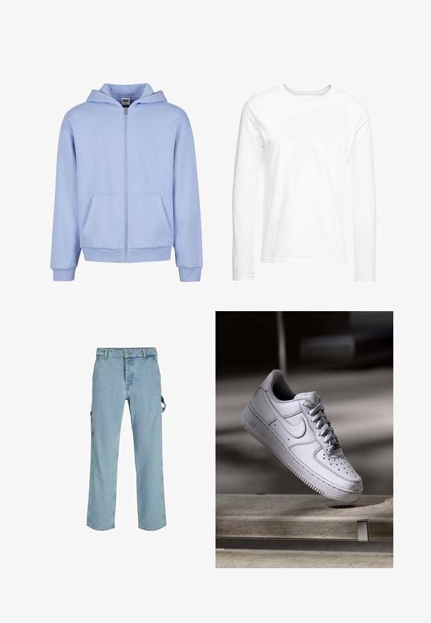 Urban Classics URBAN CLASSICS FLUFFY ZIP HOODY - Mikina so zipsom - powderblue; Biela tričko s dlhým rukávom vyrobené z mäkkej bavlny. Okrúhly výstrih s rovnými lemami a bez viditeľných vzorov alebo grafiky.; Svetlomodré džíny cargo s voľným strihom, s bočnými slučkami na pripevnenie a prednými vreckami, s vyblednutou textúrou.; Biely kožený teniska Nike Air Force 1 má perforovanú špičku, ploché šnúrky a štruktúrovanú gumovú podrážku s nápisom „AIR“ na boku.