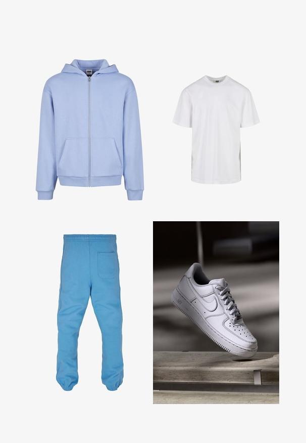 Urban Classics URBAN CLASSICS FLUFFY ZIP HOODY - Mikina so zipsom - powderblue; Jednoduché biele tričko s krátkym rukávom a okrúhlym výstrihom v uvoľnenom strihu, zobrazené na bielom pozadí.; Svetlomodré teplákové nohavice vyrobené z jemnej bavlny. Majú elastický pás, zužujúce sa nohavice a zadnú vrecko.; Biely kožený teniska Nike Air Force 1 má perforovanú špičku, ploché šnúrky a štruktúrovanú gumovú podrážku s nápisom „AIR“ na boku.