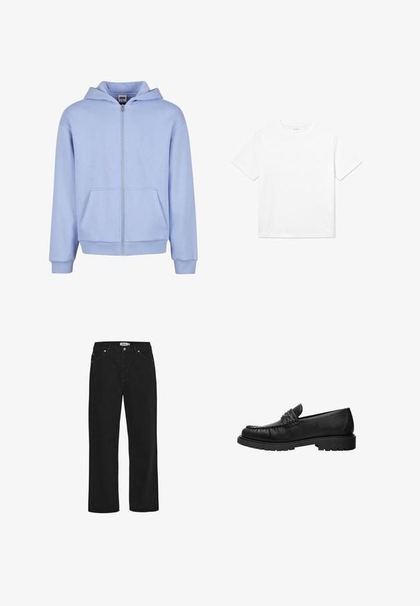 Urban Classics URBAN CLASSICS FLUFFY ZIP HOODY - Mikina so zipsom - powderblue; Biela bavlnená tričko s krátkymi rukávmi, okrúhlym výstrihom a rovnou spodnou časťou. Hladká textúra bez viditeľných vzorov alebo akcentov.; Čierne denimové džínsy so štandardným strihom, dizajnom s piatimi vreckami, medenými akcentmi a pevným pásom. Hladká textúra, jednoduchý štýl.; Čierny kožený mokasín s prešitým vrchom, ozdobným remienkom s cvokmi a hrubou podrážkou so vzorom, zobrazený z bočného profilu na bielom pozadí.
