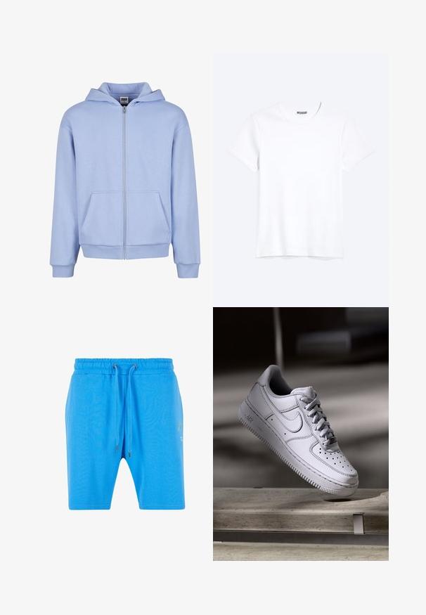 Urban Classics URBAN CLASSICS FLUFFY ZIP HOODY - Sweatjakke - powderblue; Enkelt hvid T-shirt med korte ærmer og rund hals med synligt WEEKDAY-mærke i kraven, vist på en lys baggrund.; Blå bomuldsshorts med elastisk talje, snorelukning og diskret grafikdetalje på siden. Glat tekstur og afslappet pasform.; Hvid læder Nike Air Force 1 sneaker med perforeret tå, flade snørebånd og tekstureret gummisål med "AIR" branding på siden.