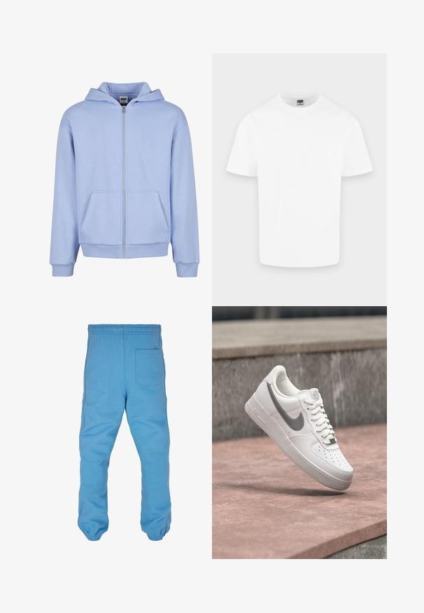 Urban Classics URBAN CLASSICS FLUFFY ZIP HOODY - Mikina so zipsom - powderblue; Jednoduché biele bavlnené tričko s krátkym rukávom a okrúhlym výstrihom zobrazené na svetlo sivom pozadí.; Svetlomodré teplákové nohavice vyrobené z jemnej bavlny. Majú elastický pás, zužujúce sa nohavice a zadnú vrecko.; Biela teniska Nike Air Force 1 so sivým logom swoosh, ktorá visí nad kamenným povrchom a sivou kamennou stenou v pozadí.