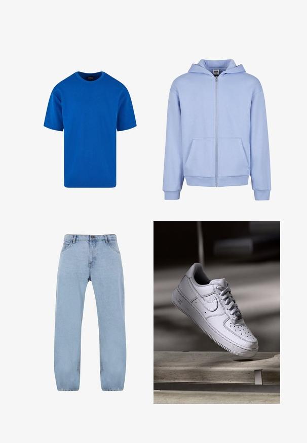 Urban Classics URBAN CLASSICS FLUFFY ZIP HOODY - Mikina so zipsom - powderblue; Modrá krátkopaže tričko z bavlny s klasickým okrúhlym výstrihom a voľným strihom. Hladká textúra bez viditeľných vzorov alebo akcentov.; Svetlo modré riflové nohavice so strihom rovného nohu, obsahujúce štyri vrecká, zips a detaily zlatého prešívania.; Biely kožený teniska Nike Air Force 1 má perforovanú špičku, ploché šnúrky a štruktúrovanú gumovú podrážku s nápisom „AIR“ na boku.