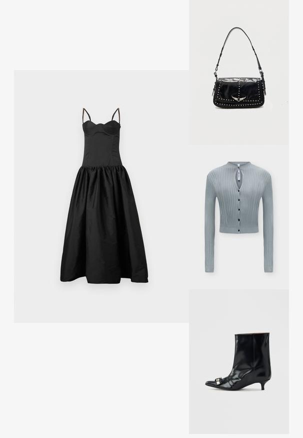 Lichtblauw geribd gebreid vest met lange mouwen, zwarte knopen aan de voorkant, een klein sleutelgat bij de hals en een cropped pasvorm.; Zwart jurk met een getailleerde lijfje en een uitlopende, geraffineerde rok. Heeft dunne bandjes met kraalaccenten. Soepele textuur en een ingetogen ontwerp.; Zwarte leren enkellaars met een spits toelopende neus, lage kittenhak en een decoratieve zilveren gesp aan de zijkant bij de neus.; Zwarte leren schoudertas met zilverkleurige studs en een metalen vleugel-embleem op de voorklep tegen een effen achtergrond.