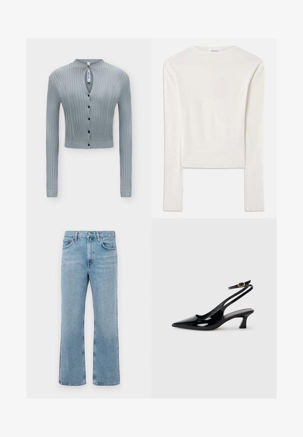 Cardigan en maille côtelée bleu clair à manches longues, boutons noirs sur le devant, petite ouverture en forme de goutte au niveau du cou et coupe courte.; Haut à manches longues blanc en coton, dotée d'un col ras du cou simple et d'une coupe ajustée. Le tissu est lisse avec une légère élasticité.; Jean en denim bleu clair avec une coupe droite, taille haute, coutures visibles et un léger effet délavé. Pas d'ornements ni de métal.; Escarpins à brides arrière en cuir verni noir, à bout pointu, avec un petit talon carré et une sangle de cheville ajustable dotée d'une boucle dorée.