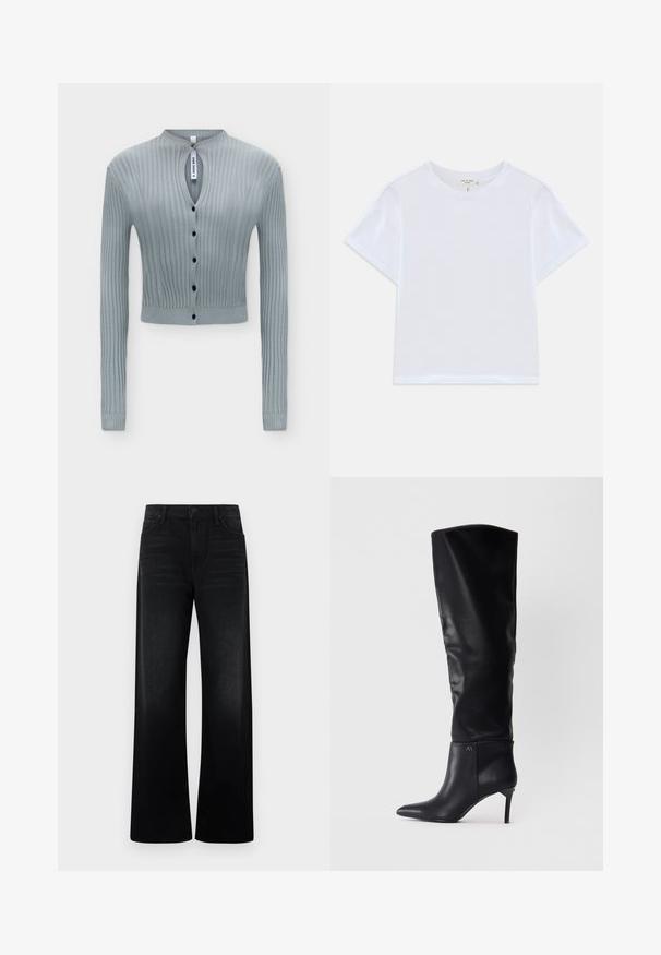 Lyseblå ribstrikket cardigan med lange ærmer, sorte knapper foran, en lille nøglehul ved halsen og en croppet pasform.; Hvid cropped t-shirt lavet af blødt bomuld, med rund hals og korte ærmer og en let løs pasform. Ingen mønstre eller accenter.; Sorte jeans med høj talje og vide ben, med forlommer og bæltestropper, vist mod en ensartet lys baggrund.; Sorte læderstøvler over knæet med spids tå, stiletthæl og et slankt design med en logoaccent ved anklen.