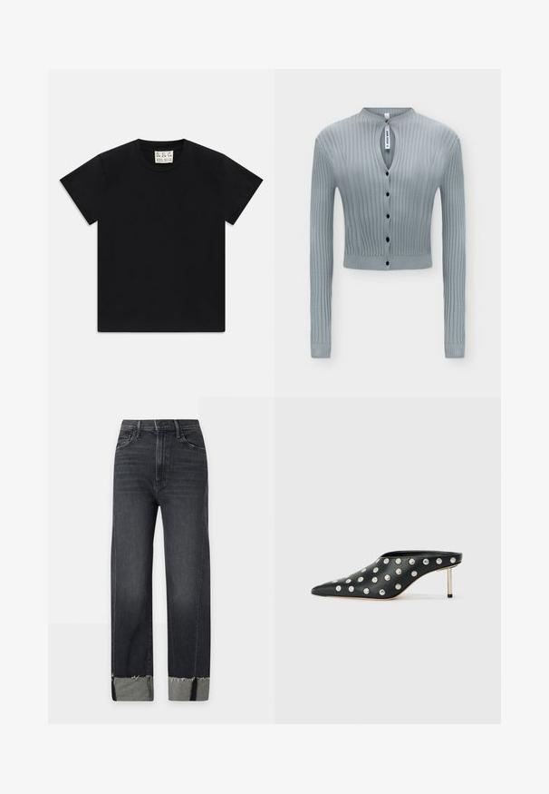 Cardigan en maille côtelée bleu clair à manches longues, boutons noirs sur le devant, petite ouverture en forme de goutte au niveau du cou et coupe courte.; T-shirt noir à manches courtes avec col rond, portant une étiquette blanche à l'intérieur du col étiquetée "D.R.C. EST. 2002" sur fond blanc.; Jean noir taille haute à jambe droite avec ourlets roulés et légère décoloration sur les cuisses, présenté sur un fond clair uni.; STAND STUDIO KELSEY - Mules à talons - black