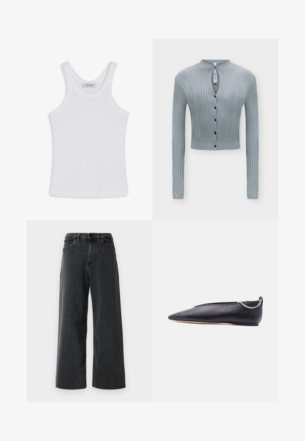 Hellblauer gerippter Strickcardigan mit langen Ärmeln, schwarzen Knöpfen vorne, kleinem Schlitz am Hals und cropped Schnitt.; Weißes Tanktop aus glattem Stoff, mit einem runden Ausschnitt und breiten Schulterträgern, innen mit einem Etikett "IVY OAK".; Schwarze weite Jeans mit Knopf und Reißverschluss vorne, Gürtelschlaufen und Fronttaschen auf einem schlichten weißen Hintergrund.; Schwarzer, spitzer flacher Schuh aus Leder mit niedrigem Absatz und silberner Kettendetail am Hinterteil vor neutralem Hintergrund.