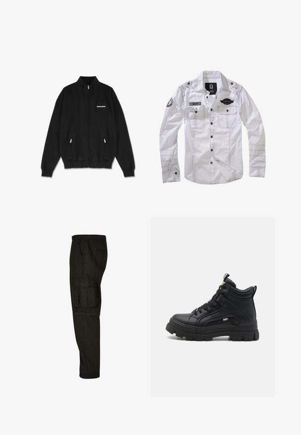 Chaqueta de forro polar negra con cuello alto, cremallera frontal y dos bolsillos laterales. Presenta el logo blanco "PEGADOR" en el lado izquierdo del pecho. Textura suave.; Camisa blanca de manga larga con costuras negras, dos bolsillos en el pecho y un parche en una manga. Presenta un cierre de botones en la parte delantera y cuello.; Pantalones cargo negros con un corte relajado, cintura elástica, bolsillos laterales y un gran bolsillo cargo en el muslo. Tejido suave y ligero.; Calzado negro de caña alta hecho de cuero texturizado, con una suela de goma gruesa, cordones en la parte delantera y un pequeño detalle del logo en el costado.