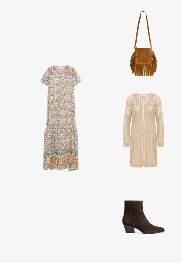 Cardigan en tricot beige avec un tissage lâche et ouvert, doté d'un col en V, de manches longues et d'une coupe droite. Sans fermetures ; design léger.; Robe maxi florale avec un fond crème, des motifs floraux colorés, des manches courtes, un col rond et une bordure à volants.; Bottines en suede marron avec un bout pointu, un talon bloc moyen et un minimum de couture pour une apparence épurée.; Sac bandoulière en daim marron avec sangle réglable, décoré de clous métalliques et de franges sur les côtés et le bas.
