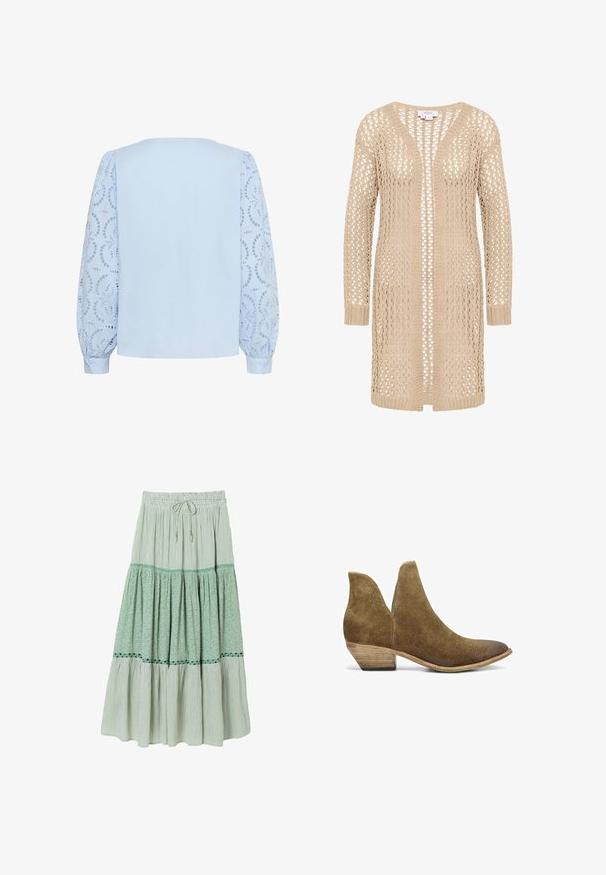 Beige gebreide cardigan met een los, open weefpatroon, voorzien van een V-hals, lange mouwen en een rechte snit. Geen sluitingen; lichtgewicht ontwerp.; Lichtblauwe blouse met een effen achterpaneel en lange opgeblazen kanten mouwen met ronde bloemige uitsnijdingspatronen en knoopsluitingen aan de manchetten.; Midi-rok met geplooide lagen, groen-witte verticale strepen, bloemenpatroon, taille met koord en decoratieve lintafwerking.; Bruine suède enkellaars met lage gestapelde houten hak en puntige neus, zijaanzicht op witte achtergrond.
