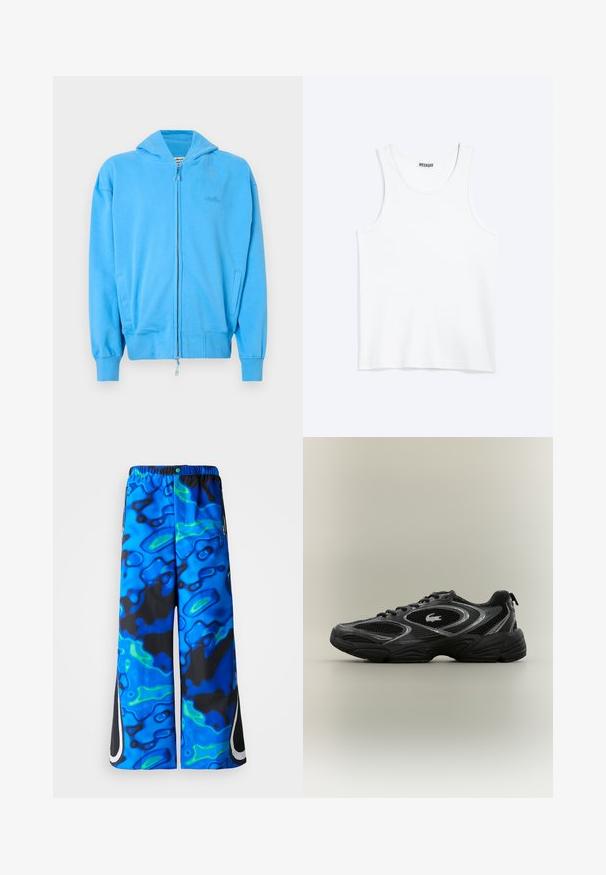 Helderblauwe ritssluiter hoodie met capuchon, ribgebreide manchetten en onderzoom, twee voorzakken en een subtiele reliëflogo op de borst.; Wit mouwloos hemdje met ronde hals en Weekday-merklabel aan de binnenkant van de achterkraag, plat weergegeven op een lichte achtergrond.; Blauwe en zwarte abstracte patroon wijde broek met elastische tailleband en rits zijzakken op een effen achtergrond.; Zwarte en grijze sport sneaker met meshpanelen, vetersluiting, dikke zool en een klein krokodillologo aan de zijkant.
