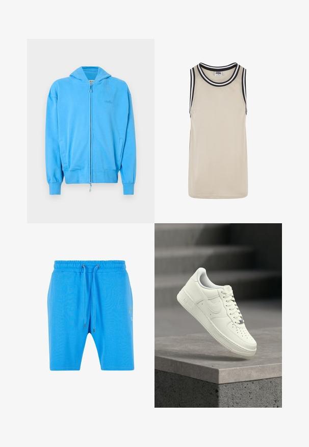 Sudadera con cremallera de un brillante color azul, con capucha, puños y dobladillo acanalados, dos bolsillos frontales y un sutil logo grabado en el pecho.; Top sin mangas de malla beige con borde a rayas negras y blancas en el cuello y las sisas. Cuenta con un ajuste relajado y una textura transpirable.; Pantalones cortos de algodón azul con una cinturilla elástica, cierre de cordón y un sutil detalle gráfico en el lado. Textura suave y corte holgado.; Zapatilla deportiva de cuero blanco con diseño de perfil bajo, superficie texturizada, perforaciones en la punta y detalles plateados en los cordones y la marca.