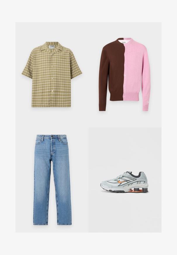 Cardigan avec ouverture boutonnée, divisé verticalement en marron uni à gauche et rose clair à droite, poignets et ourlet côtelés.; Chemise à manches courtes boutonnée avec un motif à carreaux olive et blanc et un col camp, présentée sur un fond clair uni.; Jeans en denim bleu clair avec une coupe droite, dotés d'une fermeture à bouton et à glissière, d'un style cinq poches et d'un léger effet délavé.; Chaussure de course gris clair avec accents noirs, logo orange, tige en mesh, col rembourré et semelle en caoutchouc avec unités d'absorption des chocs visibles.