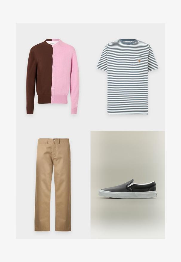 Cardigan avec ouverture boutonnée, divisé verticalement en marron uni à gauche et rose clair à droite, poignets et ourlet côtelés.; T-shirt à rayures bleu et blanc avec col rond, manches courtes et une poche poitrine ornée d'une étiquette logo. Fabriqué en coton.; Pantalons chinos couleur sable en tissu de coton lisse, avec une coupe classique à jambe droite, des poches avant et une seule poche arrière.; Chaussure Vans noire à enfiler avec semelle en caoutchouc blanche et petite étiquette logo, présentée de profil sur fond neutre.