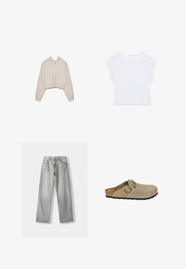 Beige cropped hoodie med lynlås foran, snoretræk og to store forlommer. Har lange, afslappede ærmer og ribbede manchetter.; Hvid kortærmet cropped T-shirt med rund halsudskæring, lavet af glat stof, lagt fladt på en hvid baggrund.; Lys grå denim jeans med lige pasform, der har to frontlommer, en knappelukning og diskrete slidser for tekstur.; Beige ruskindsklipklapper med rund tå, justerbar rem og spænde, kork-mellemsål og tekstureret sort gummisål for godt greb.