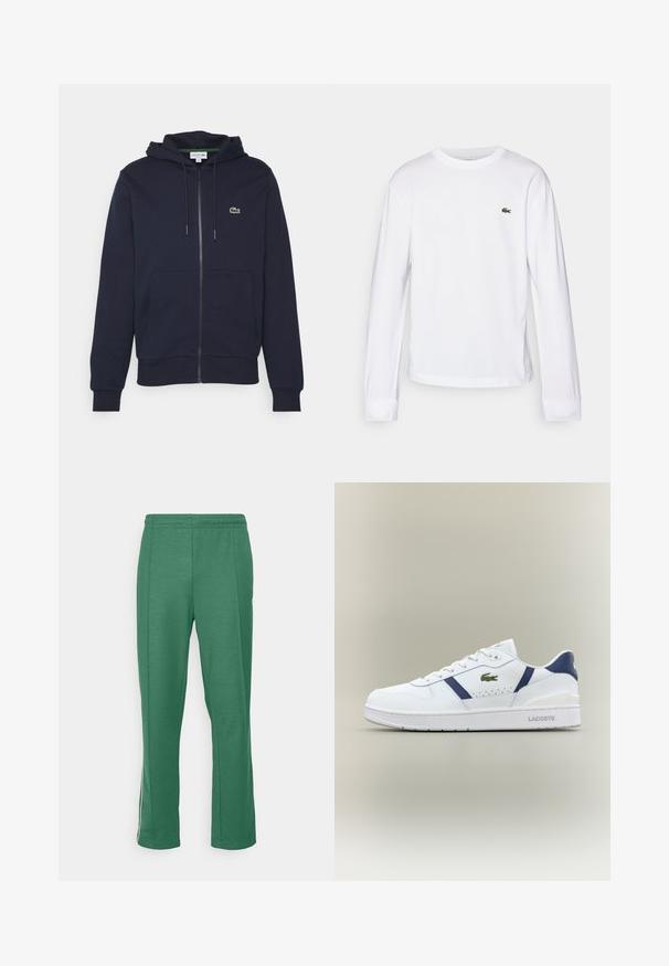 Marineblaue Zip-Up-Hoodie aus weichem Baumwollmaterial. Verfügt über eine Kängurutasche, eine Kapuze mit Kordelzug und ein kleines grünes Lacoste-Logo auf der Brust.; Weißes Langarm-T-Shirt aus Baumwolle. Verfügt über einen gerippten Rundhalsausschnitt und ein kleines, grünes gesticktes Logo auf der Brust. Einfaches Design.; Grüne Sporthose aus weichem Textil; gerade Schnittform mit elastischem Bund; mit weißen Seitenstreifen und minimalem Branding.; Weiße Lacoste-Sneaker mit marineblauen Akzenten, grünem Krokodil-Logo, Schnürdesign und markierten Sohlen auf neutralem Hintergrund.
