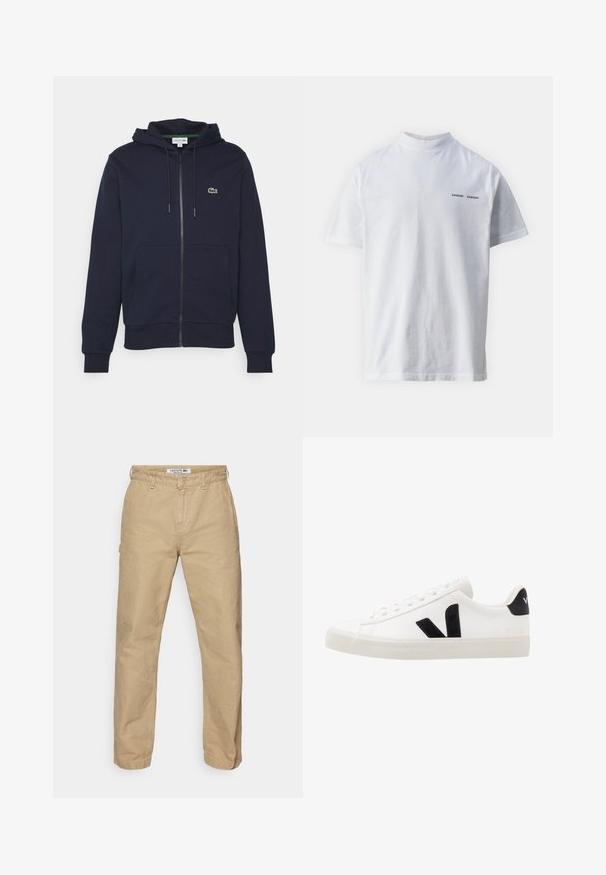 Tumesinine tõmblukuga kapuutsiga moodul, mis on valmistatud pehmest puuvillast. Omab rohkendustaskut, paelaga kapuutsi ja väikest roheline Lacoste logo rinnal.; Valge puuvillane t-särk kõrge kaelusega ja lühikeste varrukatega. Esipaneelil must "SAMSØE SAMSØE" logo. Sile tekstuur.; Beežid, kerged puuvillased püksid sirge sääre kujundusega, millel on nööbilukuga kinnitamine ja kerge tekstuur. Lacoste logo vöökohal.; Valge nahast tennis, millel on mustast sametist detailid; omab kummist tallato, ümmargust nina ja klassikalist nööpidega kinnihoidmist. Külgmine logo musta värviga.