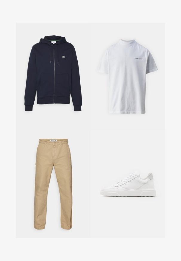 Tumesinine tõmblukuga kapuutsiga moodul, mis on valmistatud pehmest puuvillast. Omab rohkendustaskut, paelaga kapuutsi ja väikest roheline Lacoste logo rinnal.; Valge puuvillane t-särk kõrge kaelusega ja lühikeste varrukatega. Esipaneelil must "SAMSØE SAMSØE" logo. Sile tekstuur.; Beežid, kerged puuvillased püksid sirge sääre kujundusega, millel on nööbilukuga kinnitamine ja kerge tekstuur. Lacoste logo vöökohal.; Valged nahast spordijalatsid siledast nahast viimistlusega, ümarate varvastega, lamekestega ja tekstuuriga tallaga. Hall suede aktsent kanna juures.
