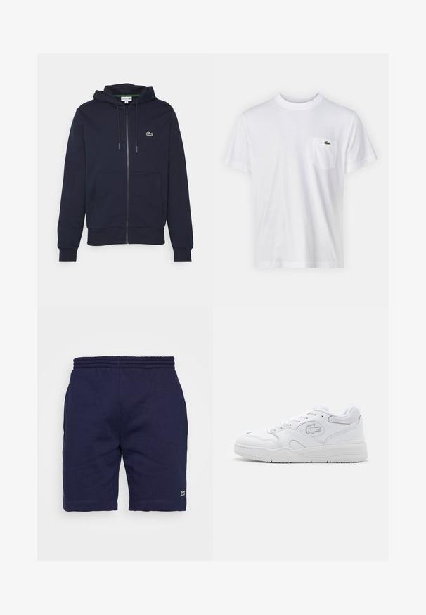 Námořnická modrá mikina na zip vyrobená z měkké bavlny. Má klokankovou kapsu, kapuci se stahovací šňůrkou a malé zelené logo Lacoste na hrudi.; Biela bavlnená tričko s okrúhlym výstrihom a krátkymi rukávmi. Obsahuje ľanovú vrecko na ľavej strane hrudníka a malú zelenú logo Lacoste.; Námornícke modré bavlnené šortky s elastickým pásom, zdobené malým zeleným logom na dolnej ľavej nohe a hladkou textúrou.; Biele športové tenisky s hladkým koženým zvrškom, sieťovými akcentmi, šnurovaním a štruktúrovanou gumovou podrážkou. Logo Lacoste na boku.