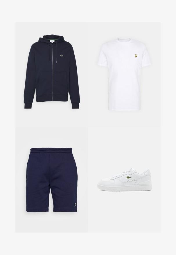 Marineblaue Zip-Up-Hoodie aus weichem Baumwollmaterial. Verfügt über eine Kängurutasche, eine Kapuze mit Kordelzug und ein kleines grünes Lacoste-Logo auf der Brust.; Weißes Baumwoll-T-Shirt mit einem kleinen schwarzen und gelben gestickten Logo auf der linken Brust. Kurze Ärmel und ein Rundhalsausschnitt.; Marineblaue Baumwollshorts mit einem elastischen Bund, ausgestattet mit einem kleinen grünen Logo am linken Bein und einer glatten Textur.; Weiße Leder-Sneaker mit perforierten Akzenten, flachen Schnürsenkeln und einem kleinen grünen Logo an der Seite. Gummisohle und gepolsterter Kragen für Komfort.