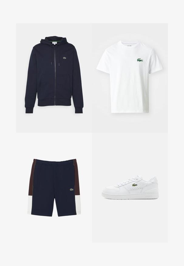 Sudadera con cremallera de color azul marino, hecha de algodón suave. Presenta un bolsillo tipo canguro, capucha con cordón y un pequeño logo verde de Lacoste en el pecho.; Lacoste Camiseta estampada - white/green; Pantalones cortos deportivos en color marino y marrón con cintura elástica, paneles laterales en blanco contrastante y detalle del logo en verde en la parte inferior izquierda.; Zapatillas de cuero blancas con acentos perforados, cordones planos y un pequeño logo verde en el lateral. Suela de goma y cuello acolchado para mayor comodidad.