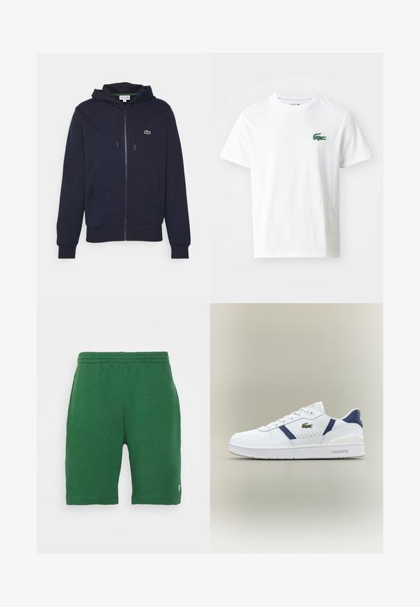 Donkerblauwe zip-up hoodie van zachte katoen. Beschikt over een kangoeroezak, een capuchon met trekkoord en een klein groen Lacoste-logo op de borst.; Lacoste T-shirt print - white/green; Groene jersey short met een elastische tailleband en zijzakken, voorzien van een klein logo op het linkerpijp. Soepele textuur, tot de knie.; Witte Lacoste sneaker met marineblauwe accenten, groen krokodillenlogo, vetersluiting en merkschoen op een neutrale achtergrond.