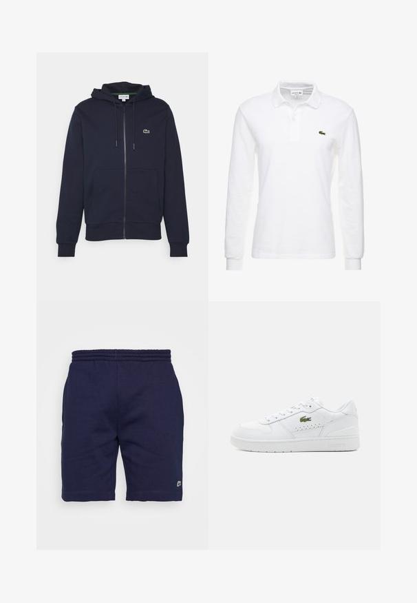 Donkerblauwe zip-up hoodie van zachte katoen. Beschikt over een kangoeroezak, een capuchon met trekkoord en een klein groen Lacoste-logo op de borst.; Witte poloshirt met lange mouwen van katoen, met een klassieke kraag en een klein groen Lacoste-logo op de borst. Glad textuur.; Navyblauwe katoenen shorts met een elastische tailleband, voorzien van een klein groen logo op het linksonder been en een gladde textuur.; Witte leren sneakers met geperforeerde accenten, platte veters en een klein groen logo aan de zijkant. Rubberen zool en gewatteerde kraag voor comfort.