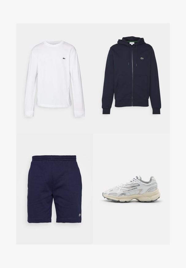 Námořnická modrá mikina na zip vyrobená z měkké bavlny. Má klokankovou kapsu, kapuci se stahovací šňůrkou a malé zelené logo Lacoste na hrudi.; Biely dlhý rukáv tričko vyrobené z bavlny. Má rebrovaný okrúhly golier a malé zelené vyšívané logo na hrudi. Jednoduchý dizajn.; Námornícke modré bavlnené šortky s elastickým pásom, zdobené malým zeleným logom na dolnej ľavej nohe a hladkou textúrou.; Biele športové topánky s šedými akcentmi, sieťovinovou a syntetickou vrchnou časťou, viazanie na šnúrky a texturovanou gumovou podrážkou s protišmykovými vzormi.