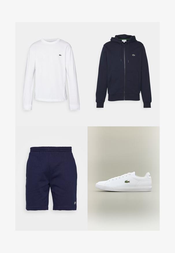 Donkerblauwe zip-up hoodie van zachte katoen. Beschikt over een kangoeroezak, een capuchon met trekkoord en een klein groen Lacoste-logo op de borst.; Witte lange mouwen T-shirt van katoen. Beschikt over een geribbelde ronde hals en een klein groen geborduurd logo op de borst. Eenvoudig ontwerp.; Navyblauwe katoenen shorts met een elastische tailleband, voorzien van een klein groen logo op het linksonder been en een gladde textuur.; Witte leren sneakers met een gestructureerde rubberen zool, voorzien van een groene geborduurde krokodillogo aan de zijkant en minimale branding.