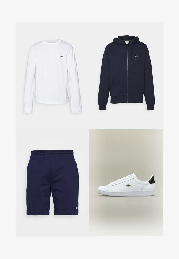 Námořnická modrá mikina na zip vyrobená z měkké bavlny. Má klokankovou kapsu, kapuci se stahovací šňůrkou a malé zelené logo Lacoste na hrudi.; Biely dlhý rukáv tričko vyrobené z bavlny. Má rebrovaný okrúhly golier a malé zelené vyšívané logo na hrudi. Jednoduchý dizajn.; Námornícke modré bavlnené šortky s elastickým pásom, zdobené malým zeleným logom na dolnej ľavej nohe a hladkou textúrou.; Biele kožené tenisky s hladkým povrchom, vybavené zeleným vyšívaným logom krokodíla, plochou bielou podrážkou a čiernym akcentom na päte.