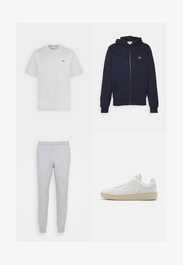 Námořnická modrá mikina na zip vyrobená z měkké bavlny. Má klokankovou kapsu, kapuci se stahovací šňůrkou a malé zelené logo Lacoste na hrudi.; Svetlošedé tričko s krátkym rukávom a okrúhlym výstrihom s malým zeleným logom krokodíla Lacoste na ľavej strane hrudníka.; Šedé bavlnené tepláky s elastickým pásom a rebrovanými manžetami, s hladkým povrchom a jednoduchým dizajnom. Žiadne viditeľné vzory ani akcenty.; Biele kožené tenisky s textúrovaným povrchom a polstrovaným golierom. Majú béžovú gumovú podrážku a diskrétne značenie na päte a boku.